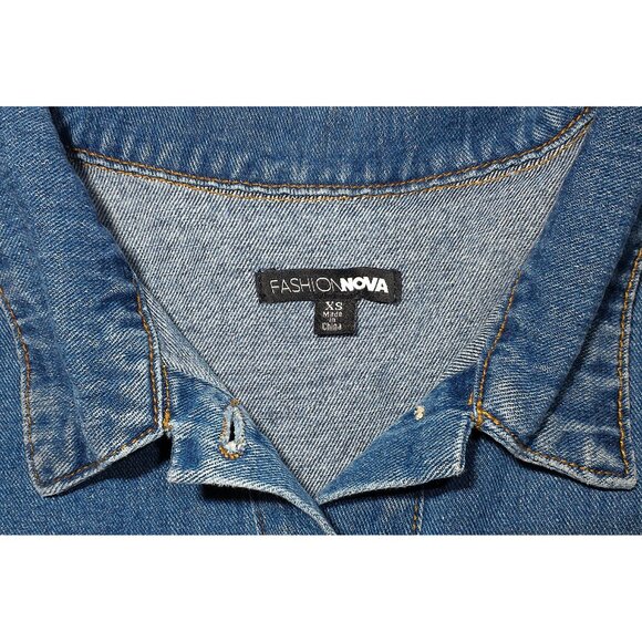 Fashion Nova Oversized Denim Long-Sleeve Button-Up Short Jumpsuit w/ Pockets XS - Picture 11 of 11